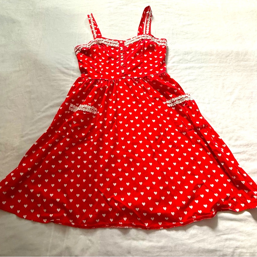 Lindy Bop red & white heart print sundress with POCKETS smocked back 10/12 dress